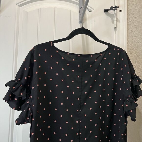 Lane Bryant Black Pink Polka Dots Ruffle Short Sleeves Top Blouse Womens Size 14 - Picture 8 of 10